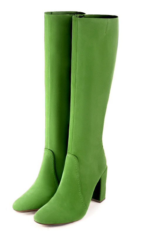 Grass green women's feminine knee-high boots. Round toe. High block heels. Made to measure. Front view - Florence KOOIJMAN